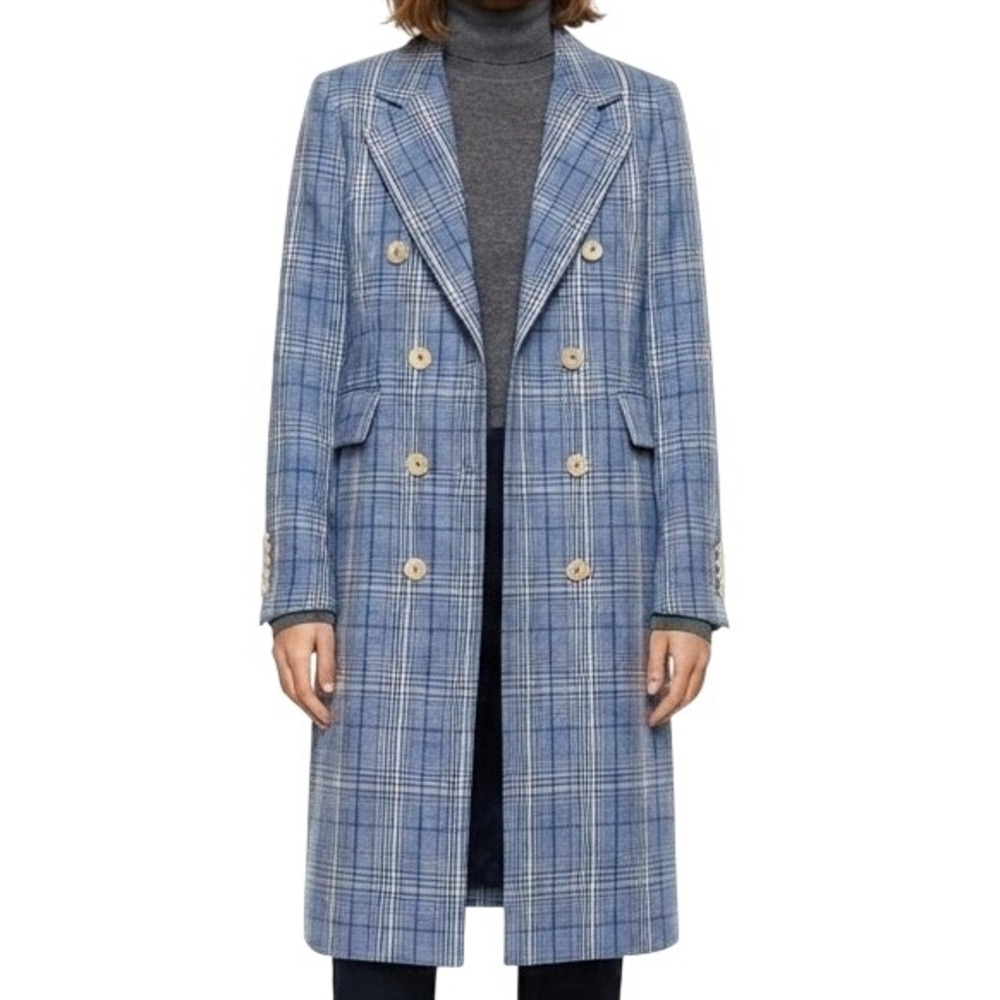 Mango Plaid Longline Coat Womens Small Blue Double Breasted Jacket